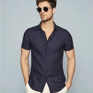 Reiss Slim Fit Holiday Linen Short Sleeve Shirt Dark Blue Mens MEDIUM